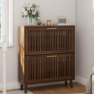 SENYU Modern <b>Wood</b> <b>Shoe</b> Cabinet with Slatted Doors 2 Shelves Space Saving Entryway Storage Furniture Freestanding Midcentury Desi - Product Image 2