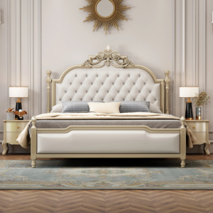 Luxury French Carved Wood Upholstered Tufted Bed <b>Frame</b> Bedroom Furniture King Qeeun Size Classic Double Bed for Villa - Product Image 1