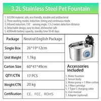 Fontaine à eau intelligente sans fil pour animaux de compagnie 3,2 L en acier inoxydable, distributeur d'eau sans fil pour chats, vente en gros d'usine, prise en charge OEM/ODM