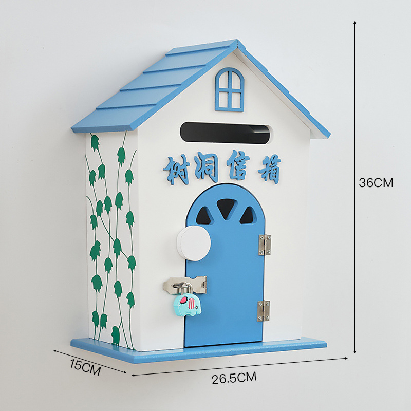 Old-style large blue tree hole mailbox with lock