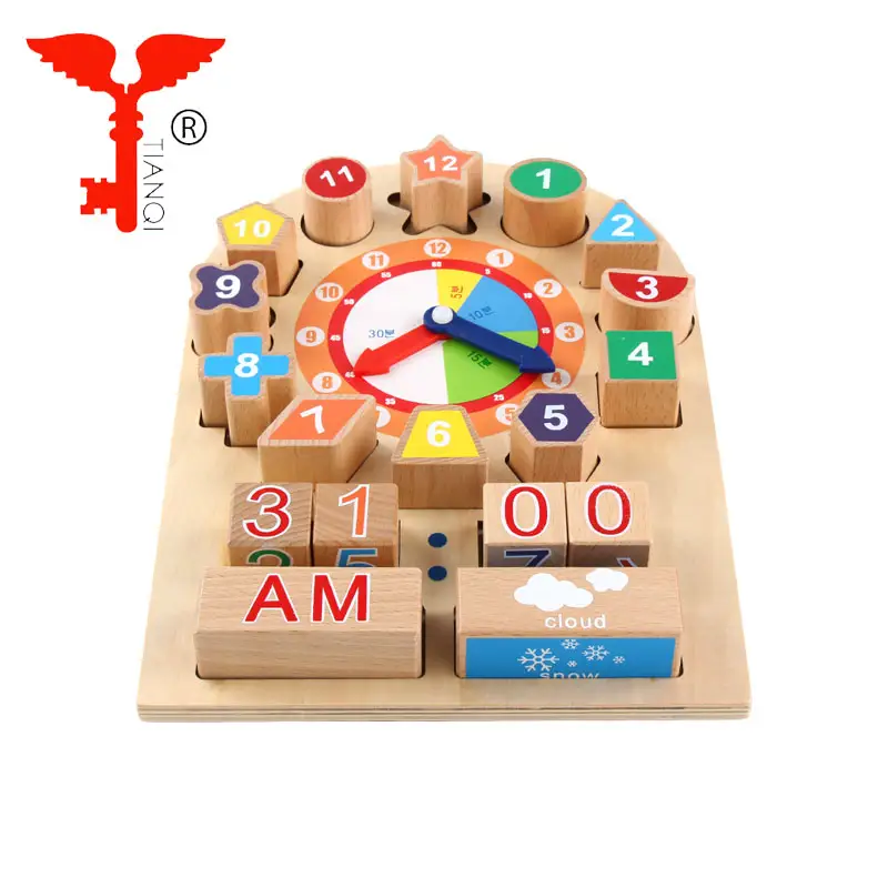 Nuovo prodotto Multi-funzione Cartoon Digitals identifica orologio calendario in legno bambini giocattoli educativi Montessori in legno