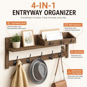 Estante de almacenamiento montado en la pared con ganchos para la entrada, organizador de llaves, abrigos y sombreros, rectangular de madera maciza, duradero - Product Image 3