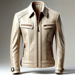 Chaqueta bomber de cuero vacuno beige para hombre, cuello vuelto, cierre de cremallera, corte ajustado, manga regular, para otoño. - Product Image 1