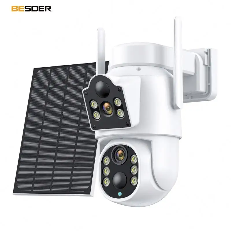 Solar Camera Outdoor With Audio Lights And Live View Systeams Recording At Night Two Way Alarm Motion Sensor Wind Turbine Panel