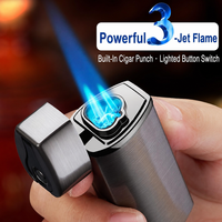 Briquet à triple flamme pour cigares, torche au butane coupe-vent avec perforateur intégré, allumage électronique en alliage de zinc