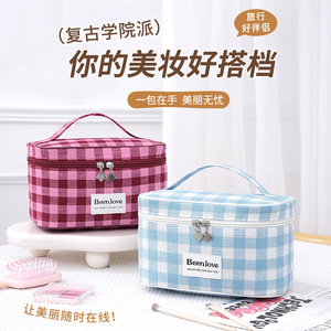 Speed And Constancy Cosmetic <b>Bag</b> <b>Large</b> Capacity Travel <b>Makeup</b> Storage Case For Women With Zipper Handle Blue Red Checkered - Product Image 1