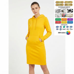 Robe sweat à capuche en polaire pour <span class=keywords><strong>femme</strong></span>, jaune vif, coupe oversize, décontractée, avec poches, coupe ajustée - Product Image 1