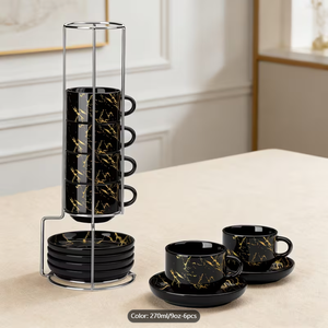 Bulk Black Gold Marble Stackable Coffee <b>Cup</b> Saucer Set Metal Rack 270ml 6pcs Ceramic Mugs Custom Logo Cafe Hotel Supermarket - Product Image 5
