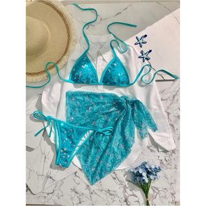 FOXA Women's 3 Piece Swimsuit Sequin Halter <b>Triangle</b> <b>Bikini</b> <b>Set</b> With Cover Up Skirt - Product Image 4