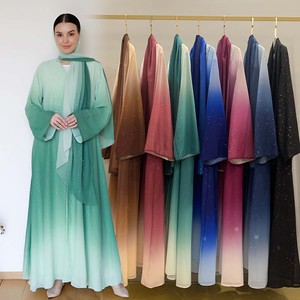Sharut 2024 Dubai Muslimisches Ombre Abaya Kimono Kleid aus Chiffon mit Glitzer-Farbverlauf, offen, mit passendem Gratis-Hijab, 2-teiliges Set - Product Image 1