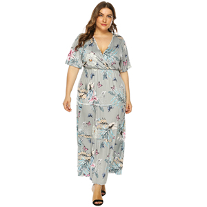 Venta al por mayor <span class=keywords><strong>Mujer</strong></span> Plus tamaño Floral impresión V profundo lazo de la cintura manga corta vestido Maxi - Product Image 2