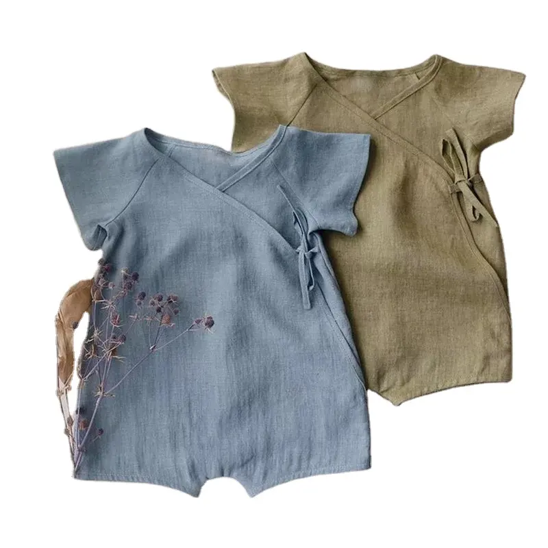 US UK Australia INS Infant Rompers Summer Short Sleeve Snap Buttons Bamboo Bodysuits Straps Solid Linen Baby Jumpsuits