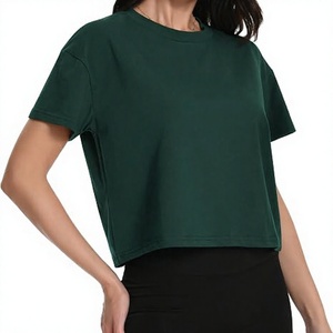 Custom Women's Green <b>Cropped</b> Crew Neck Gym wear T-Shirt Short Sleeve Knitted Solid Yoga <b>Top</b> - Product Image 1