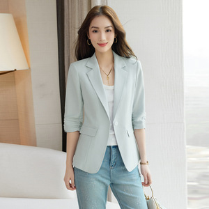 Women's Blazer Light Blue Cotton Linen Blend Slim Fit Summer Style - Product Image 1