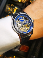 Forsining Montre mécanique squelette de luxe pour homme Montre automatique à double fuseau horaire Bracelet en cuir véritable Phase de lune