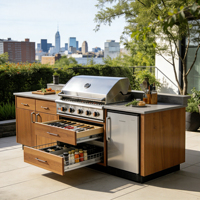 Mueble de Cocina Modular Multifuncional Moderno para Exterior con Parrilla BBQ Integrada, Fregadero, Grifo, Protector de Salpicaduras y Bisagras de Acero Inoxidable