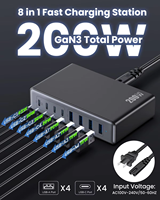 Station de charge USB-C électrique 200W haute qualité, multi-ports, compatible PD 3.0 pour téléphones et ordinateurs portables, en matériau GaN – Offre Spéciale