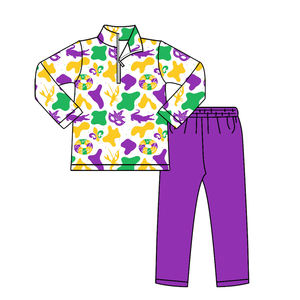 BLP1418 Ensemble de vêtements pour bébé garçon, style western, imprimé rayures violettes, vertes et jaunes, tenue d'été, vente en gros, ensemble Mardi Gras - Product Image 3