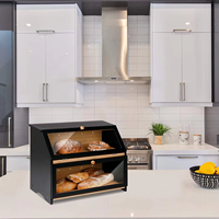 Grand bac de rangement en bambou naturel à 2 niveaux Boîte à pain en bois noir avec fenêtre en acrylique et bouches d'aération pour comptoir de cuisine
