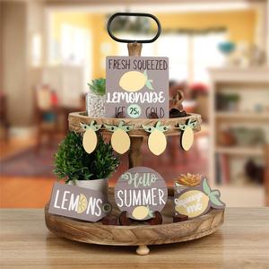Summer Lemon Style Wooden Tiered Tray <b>Decoration</b> <b>Rustic</b> Country Farm <b>Decorative</b> <b>Home</b> Desktop Ornament Round Plant Pattern - Product Image 1