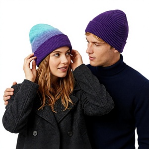 หมวกบีนนี่ Unisex คุณภาพดี ลายการ์ตูนไล่สีม่วงน้ำเงิน สไตล์ลำลองสำหรับฤดูหนาว  แบบถัก  ตกแต่งด้วยกระดุม - Product Image 1