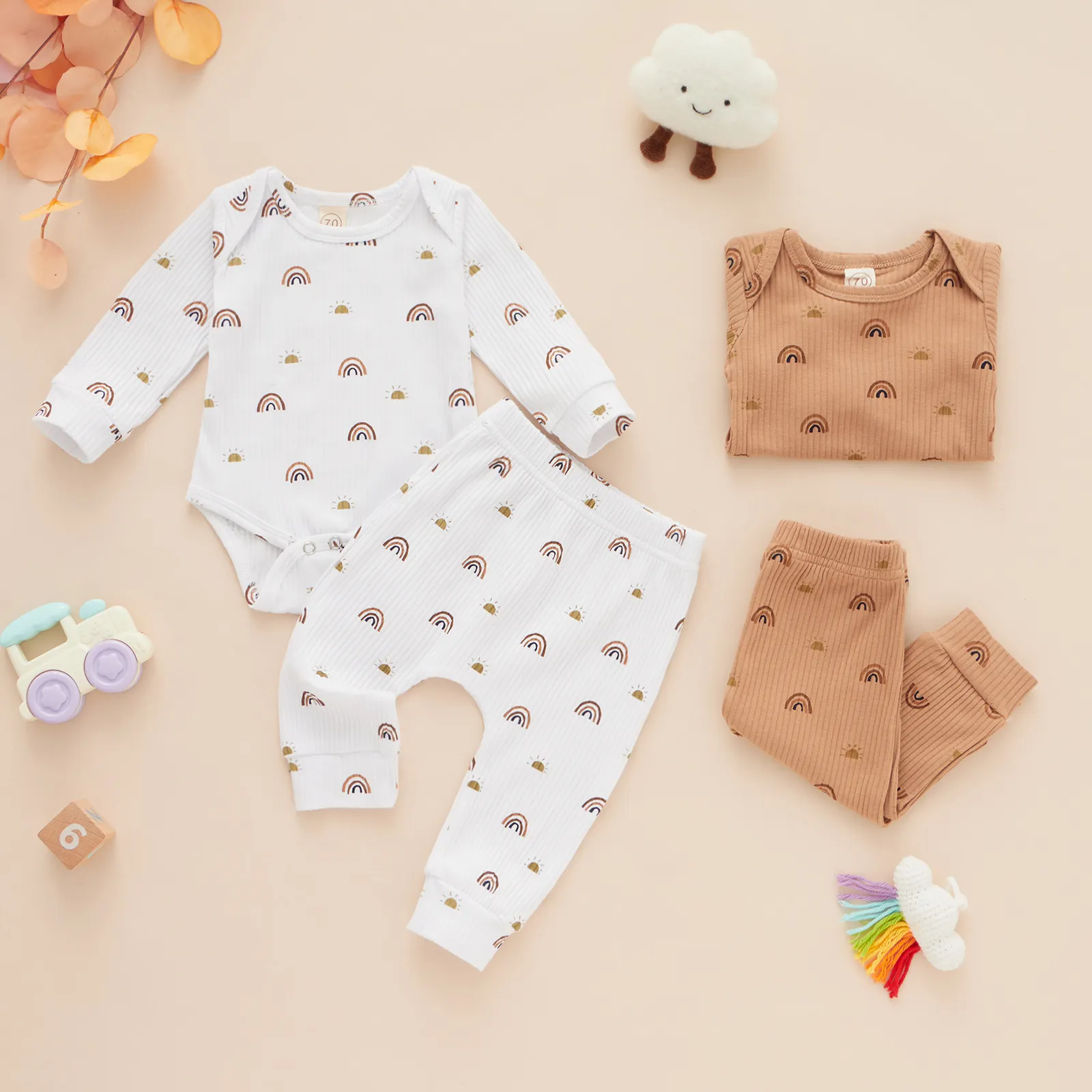 Vêtements d'automne en coton pour bébé, ensemble deux pièces tricoté côtelé pour garçons et filles, barboteuse arc-en-ciel pour bébé
