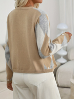 Pull Chic Géométrique Décontracté à Col en V pour Femme, Boutonné sur le Devant, Manches Classiques, Long, Tricoté, Respirant, 100% Polyester