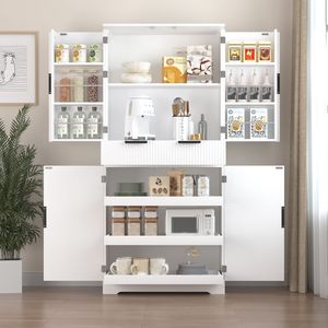 Armoire de cuisine cannelée de 72 pouces avec 3 tiroirs pour claviers, 6 portes et étagères, blanche, autoportante, modèle de rangement ajustable - Product Image 4