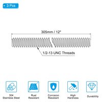 PATIKIL 1/2"-13 Metric 304 Stainless Steel Fully Threaded Rod 3Pcs 12" Length Right Hand Threads Polished Finish 6 Months
