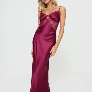 Vestido largo de satén burdeos con encaje, cuello en V, espalda descubierta, sexy, ajustado, para fiesta, con cintura imperio - Product Image 3