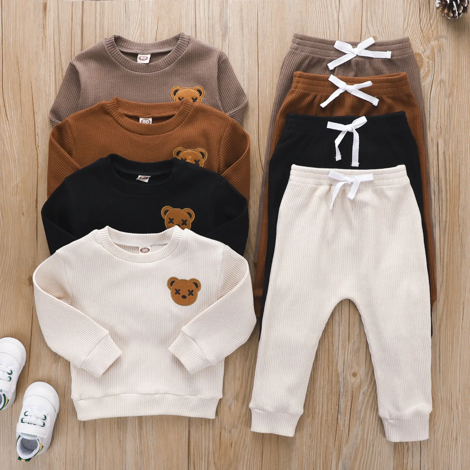 Children's Cotton Bear Round Neck Autumn Clothing Set Baby Casual Cartoon Long-Sleeved Two-Piece Set