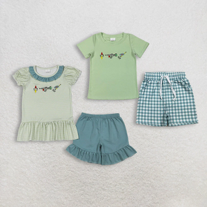 Longlv Ensemble short pour enfants filles et garçons, T-shirt à manches courtes rayé brodé, short à taille élastique, tenues d'été pour tout-petits - Product Image 1