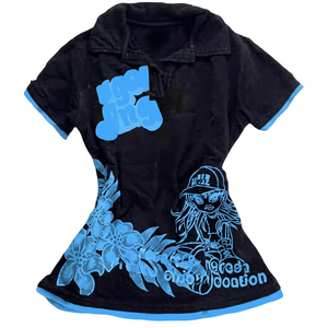 Chemise d'été en coton noir imprimé pour femmes avec motif floral et dessin animé, manches courtes, haut décontracté - Product Image 3