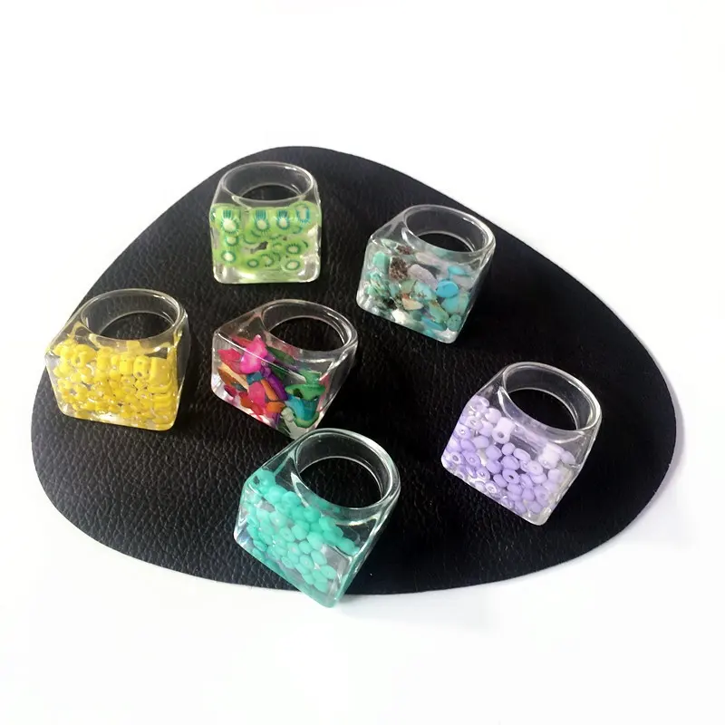Geometric Fruit Colorful Acrylic Rings Colorful Resin Seed Beads Rings Transparent Marble Heart Resin Rings For Women