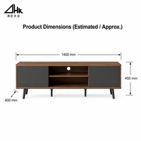 Meuble TV Minimaliste Moderne avec Finition Grain de Bois et Portes Grises, Console Multimédia Style Mid-Century pour Décoration de Salon