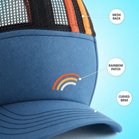 Casquette Trucker Bleue Personnalisée avec Patch Brodé Arc-en-ciel, Dos en Maille, Visière Courbée, Fermeture Snapback, Réglable, Vente en Gros, OEM, Faible MOQ