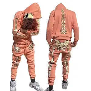 Custom Embroidered Powder Puff Printed Skull Tracksuit Full Face Zip-up Hoodie And Sweatpants Suit