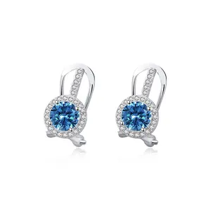 Design Fashion Elegant Silver 925 Jewelry Pave Zircon Round Brilliant Cut Natural Blue Topaz Stud Earrings