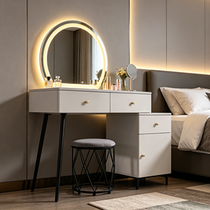 Modern Makeup <b>Vanity</b> With Lighted Oval <b>Mirror</b> Storage Drawers Bedroom <b>Dressing</b> <b>Table</b> With Stool - Product Image 4