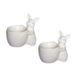 Lot de 2 décorations de Pâques vintage pour le printemps, la maison, les faveurs de la maison, les porte-oeufs en céramique de lapin blanc faits à la main