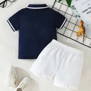 Ensemble décontracté deux pièces pour enfants : T-shirt brodé dinosaure à manches courtes et short camouflage blanc simple, personnalisable en usine - Product Image 2