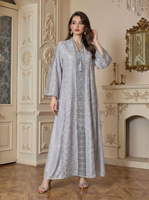 Robe Abaya ample à manches longues pour femmes, col en V, broderie géométrique, détail de pompons, décontractée, respirante, modeste, en polyester