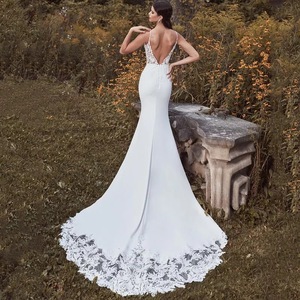 Abito <span class=keywords><strong>da</strong></span> sposa a sirena in pizzo ON423 con spalline sottili, scollo a V, senza maniche, elegante, con strascico lungo e schiena scoperta sexy - Product Image 2