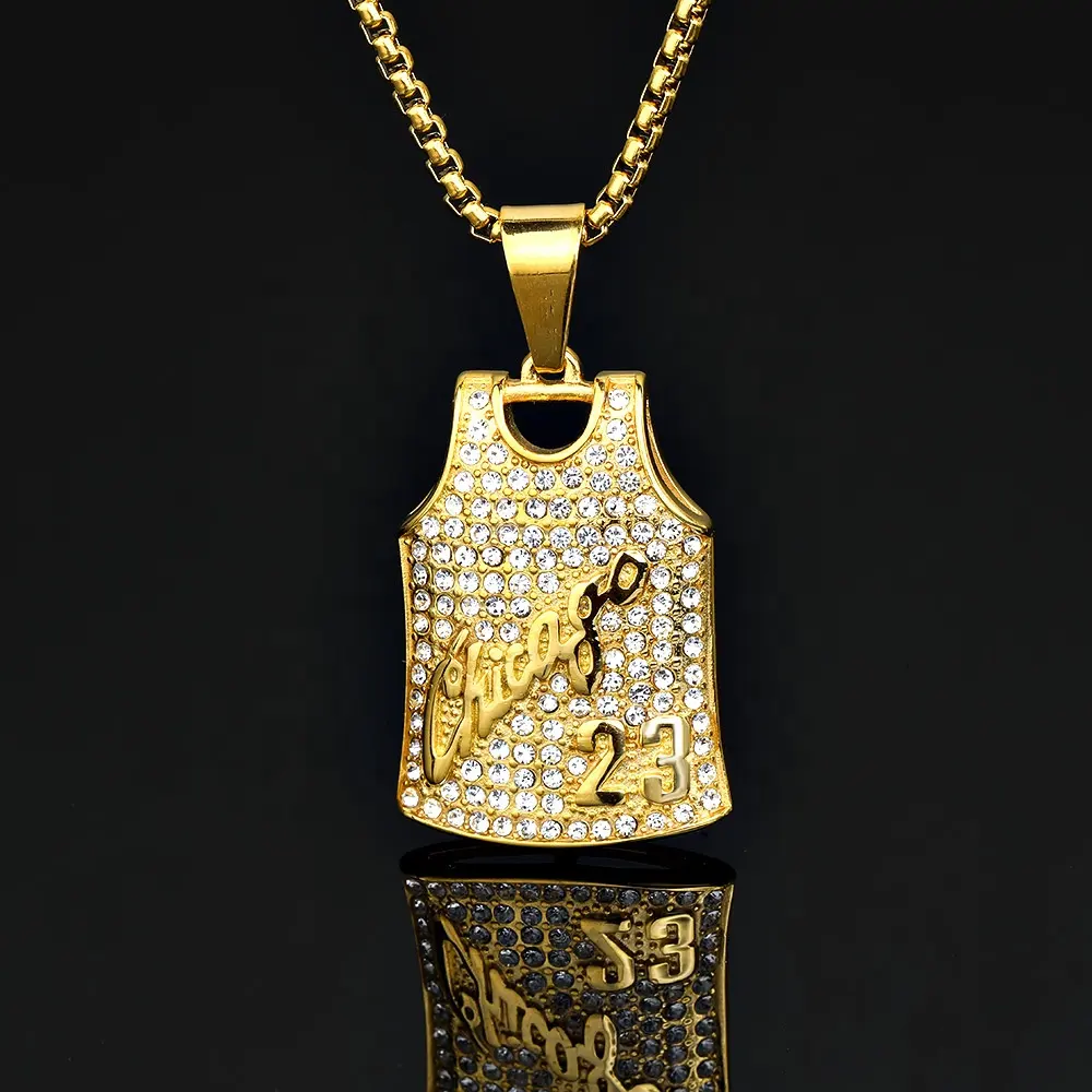Perhiasan Hiphop Pria Emas Baja Nirkarat Kristal Penuh Berlian Beraspal Setelan Basket Nomor 23 Pakaian Olahraga Liontin Kalung untuk Pria