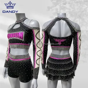 Girls Cheer Uniform Cheerleading Warm Ups Clothes Black And Pink OEM AB Crystal Cheerleading Uniform Custom
