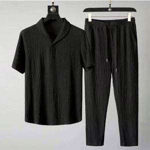 Men Summer 2-Piece Breathable Suits Short Sleeve Tops + Long Pants Solid Color Polo Lapel Collar Button <b>Elastic</b> Waist Trousers - Product Image 6
