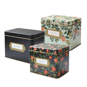 Custom design metal recipe box rectangle shape recipe tin box with lid metal tin with tag holder 161x112x121mm