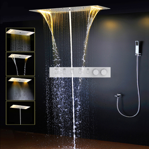 Ensemble de douche à effet pluie LED encastré moderne avec mitigeur thermostatique numérique en laiton, finition chrome poli, en acier inoxydable, grande tête - Product Image 4