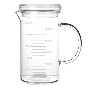 500ml Heat Resistant Measured Glass Measuring Cup Mug with Lid Handle Mixing Glass Mug Clear Scale V-Shaped Spout for Milk