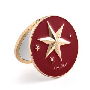 Espejo Compacto de Maquillaje de Doble Cara, Redondo, Color Rojo Intenso, con Logotipo Hexagrama en Relieve, Metal Dorado de Alta Calidad - Product Image 1